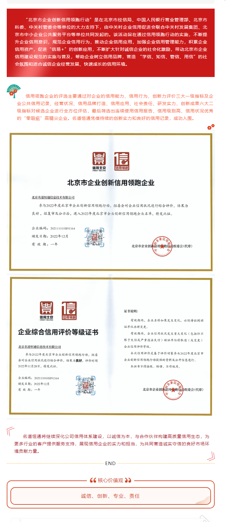 祝贺我司获得《北京市企业创新信用领跑企业证书》《企业综合信用评价等级证书》(图1)